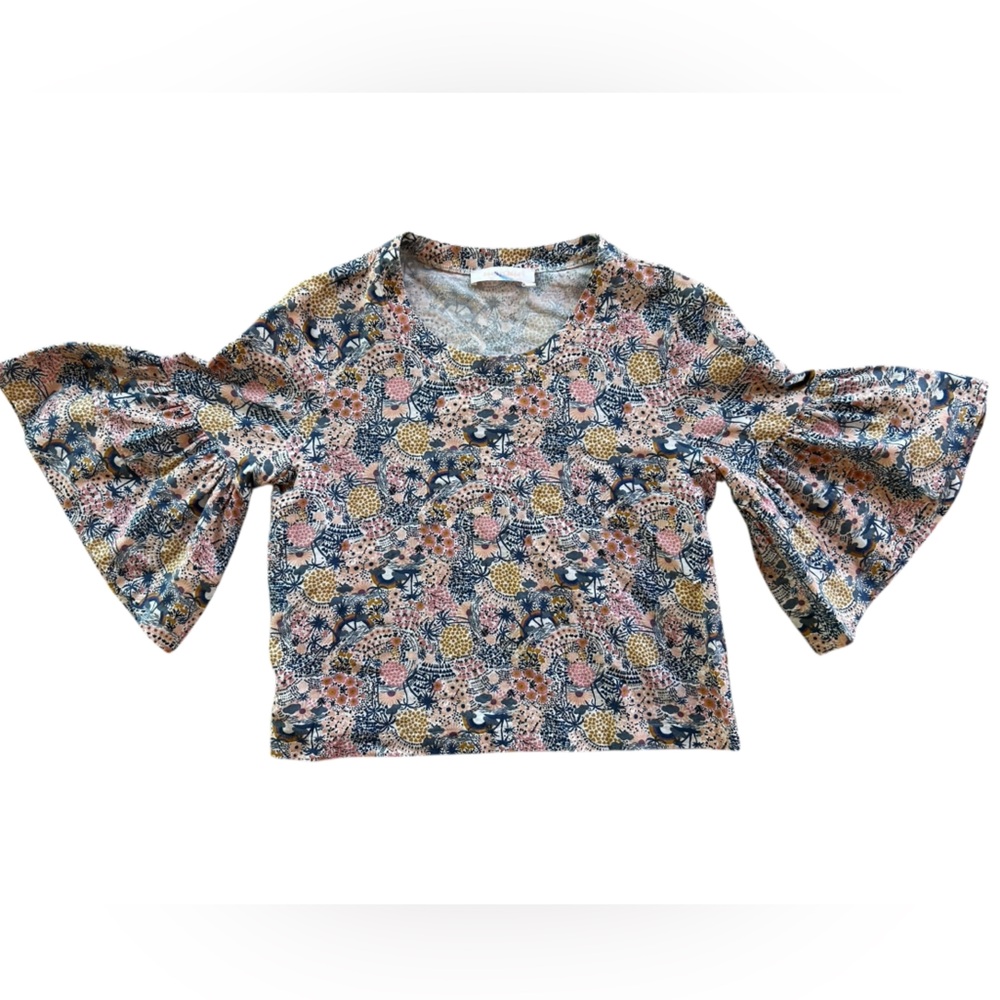See By Chloe Floral Bell Sleeve Crop Top Rainbow Palm Tree Hearts Stars